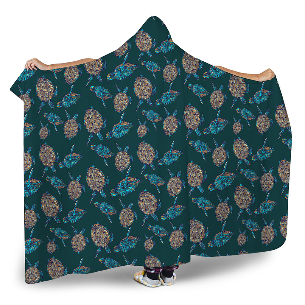 Blue Sea Turtle Pattern Print Hooded Blanket