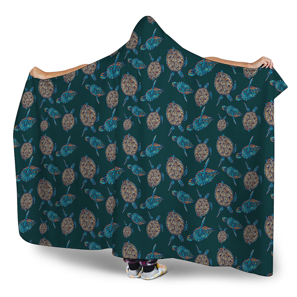 Blue Sea Turtle Pattern Print Hooded Blanket