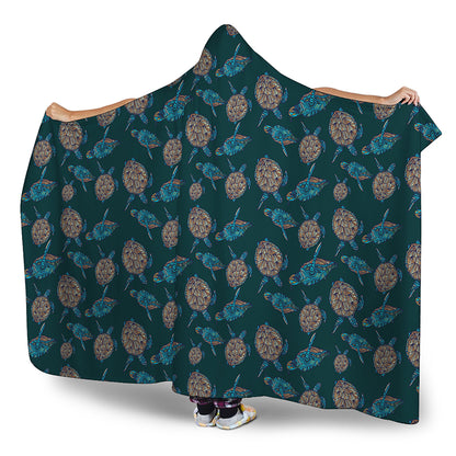 Blue Sea Turtle Pattern Print Hooded Blanket