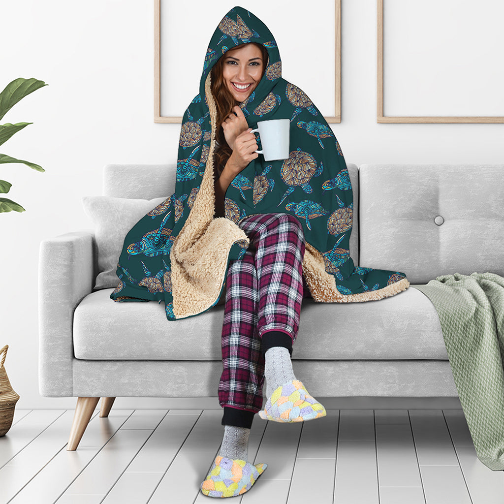 Blue Sea Turtle Pattern Print Hooded Blanket
