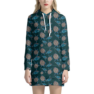 Blue Sea Turtle Pattern Print Hoodie Dress