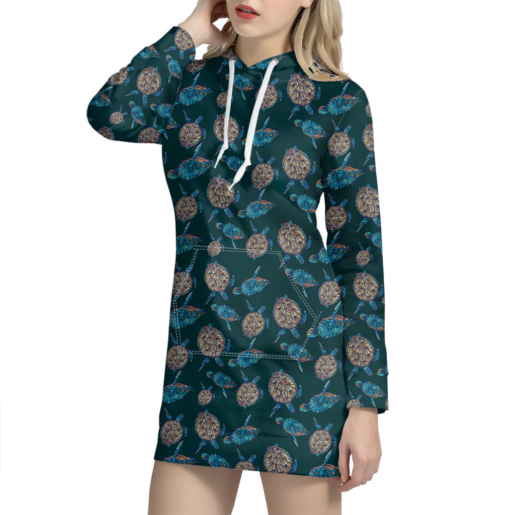 Blue Sea Turtle Pattern Print Hoodie Dress