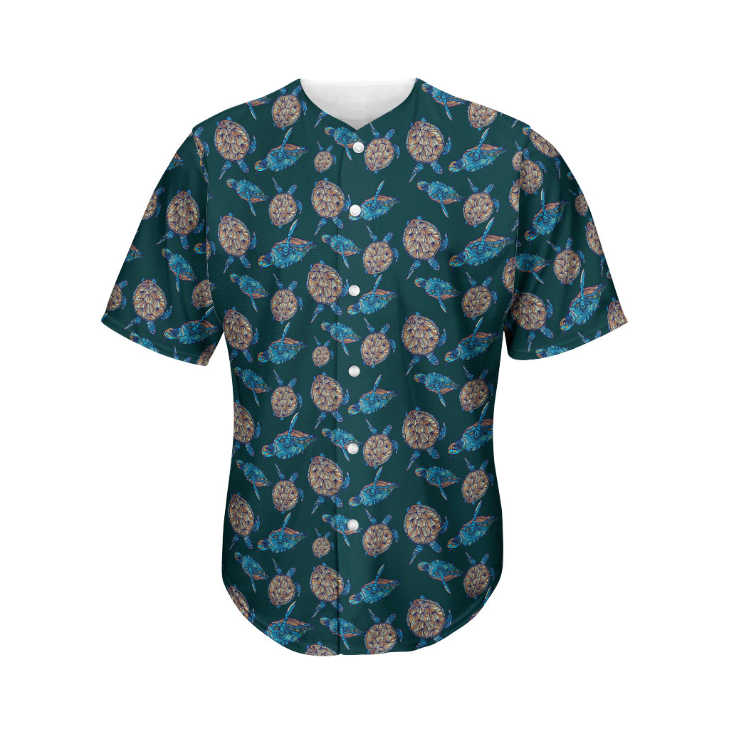 Blue Sea Turtle Pattern Print Men's Baseball Jersey