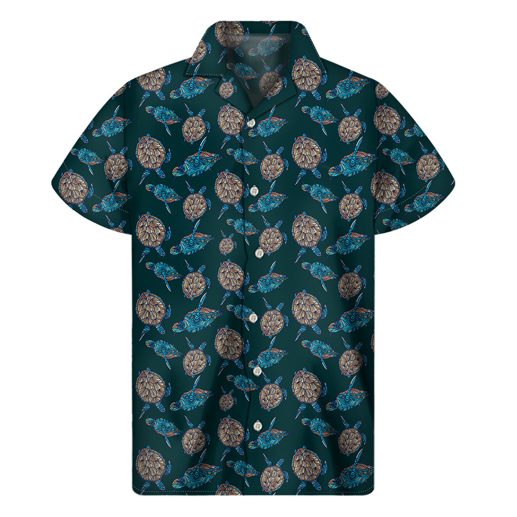 Blue Sea Turtle Pattern Print Men's Short Sleeve Shirt