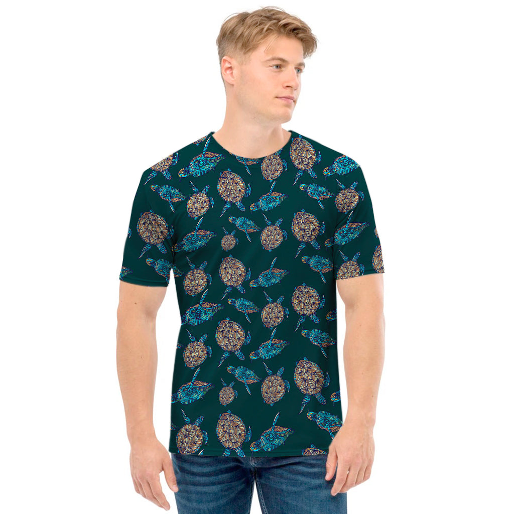 Blue Sea Turtle Pattern Print Men's T-Shirt