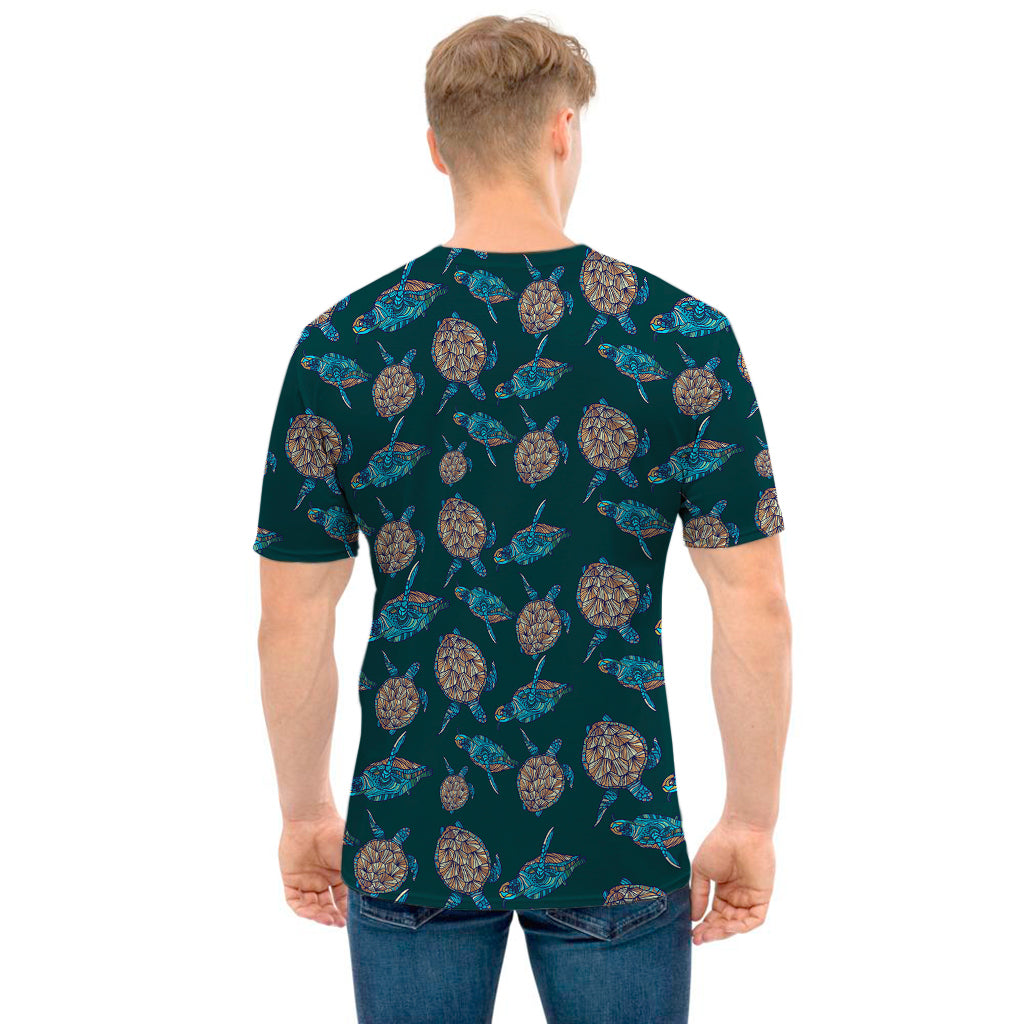 Blue Sea Turtle Pattern Print Men's T-Shirt