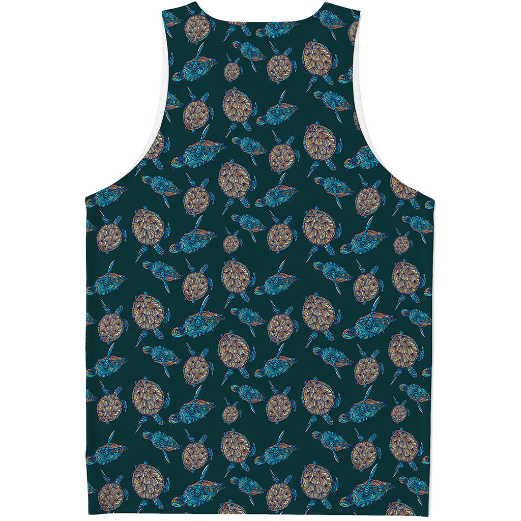 Blue Sea Turtle Pattern Print Men's Tank Top