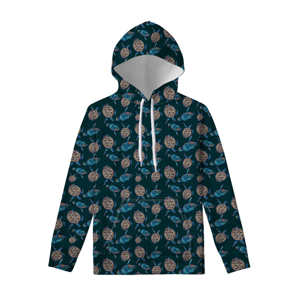 Blue Sea Turtle Pattern Print Pullover Hoodie