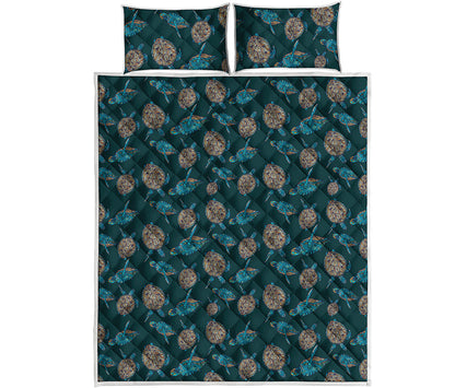 Blue Sea Turtle Pattern Print Quilt Bed Set