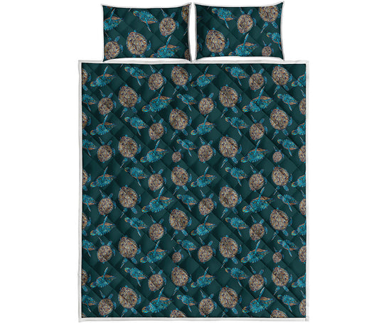 Blue Sea Turtle Pattern Print Quilt Bed Set