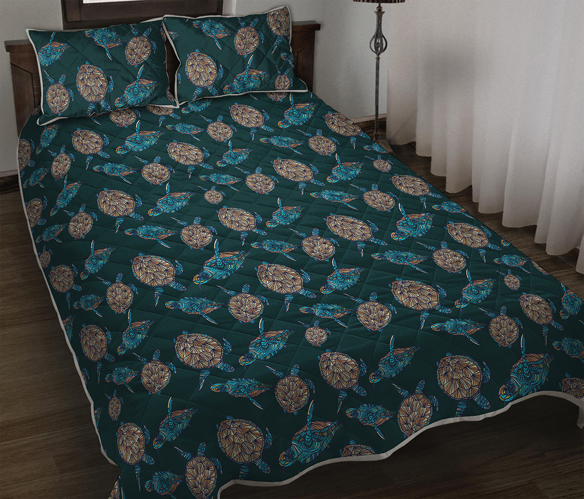 Blue Sea Turtle Pattern Print Quilt Bed Set
