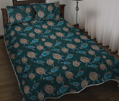 Blue Sea Turtle Pattern Print Quilt Bed Set