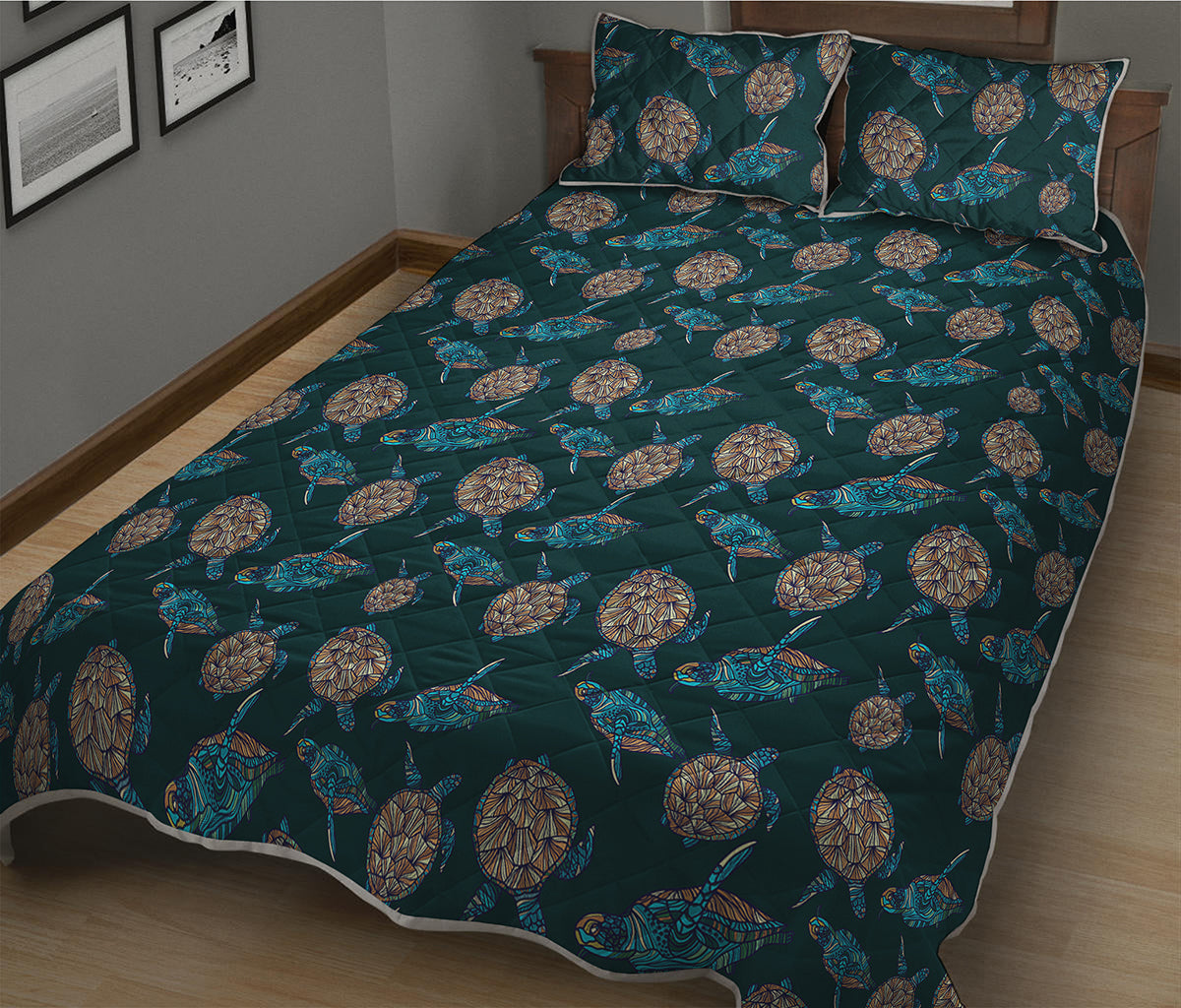 Blue Sea Turtle Pattern Print Quilt Bed Set