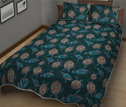 Blue Sea Turtle Pattern Print Quilt Bed Set