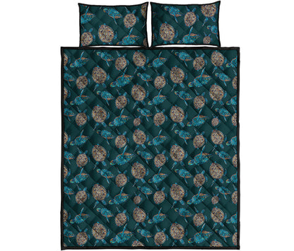 Blue Sea Turtle Pattern Print Quilt Bed Set
