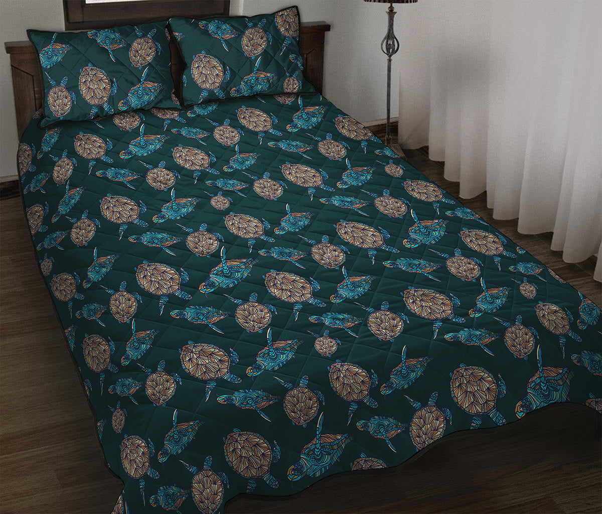 Blue Sea Turtle Pattern Print Quilt Bed Set