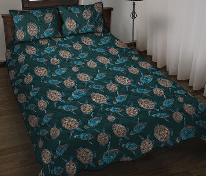 Blue Sea Turtle Pattern Print Quilt Bed Set