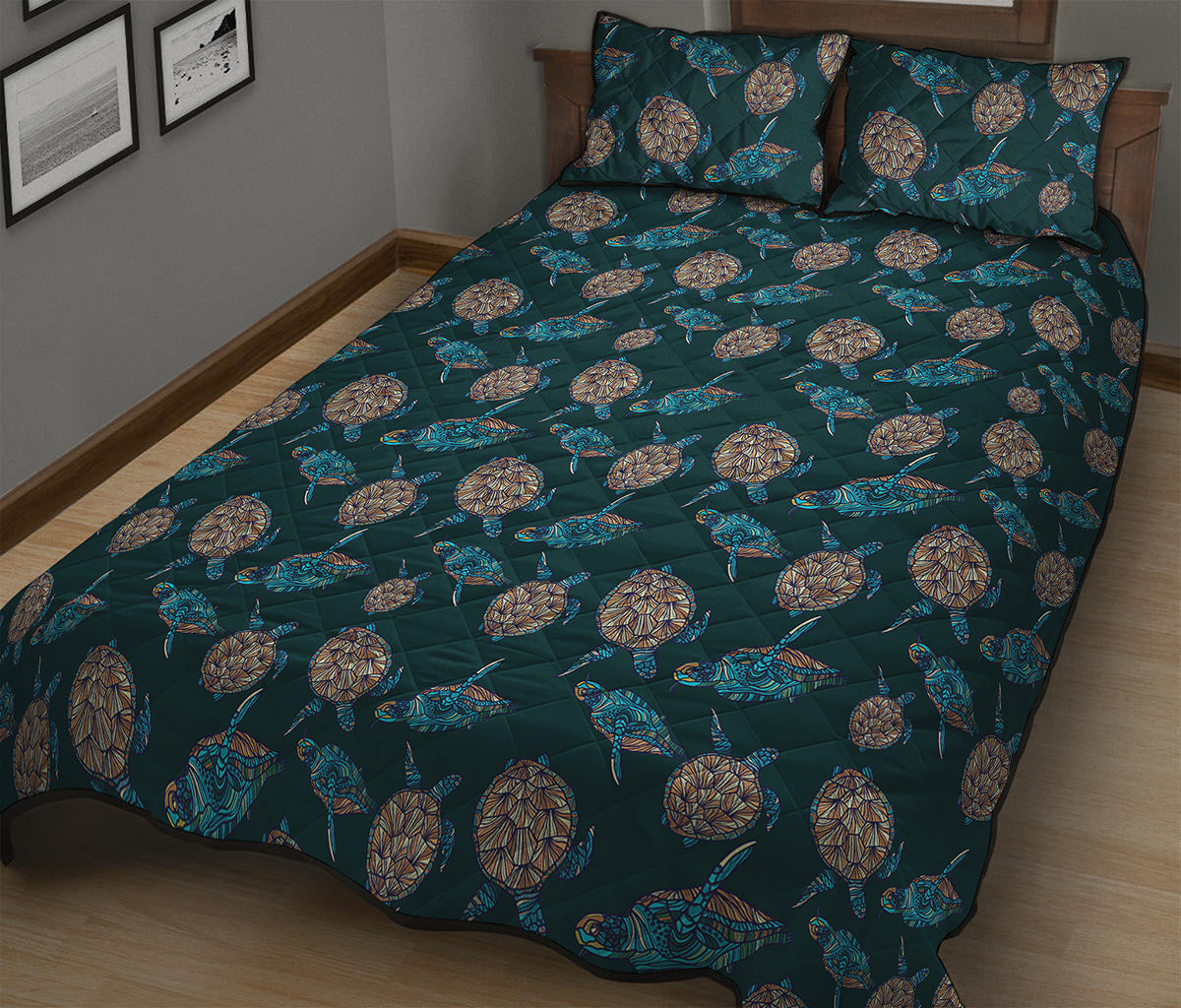 Blue Sea Turtle Pattern Print Quilt Bed Set