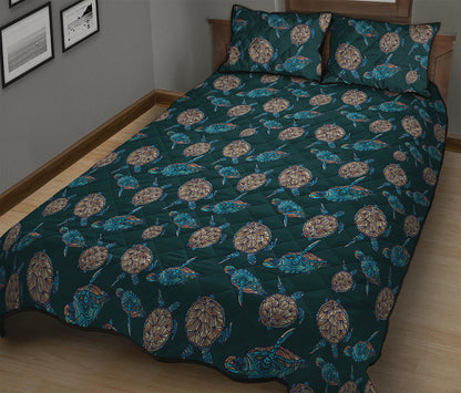 Blue Sea Turtle Pattern Print Quilt Bed Set