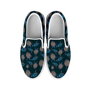 Blue Sea Turtle Pattern Print White Slip On Shoes