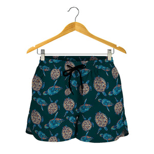 Blue Sea Turtle Pattern Print Women's Shorts