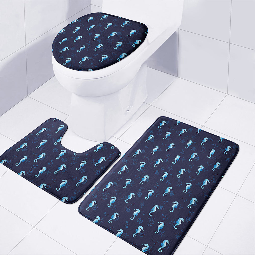 Blue Seahorse Pattern Print 3 Piece Bath Mat Set