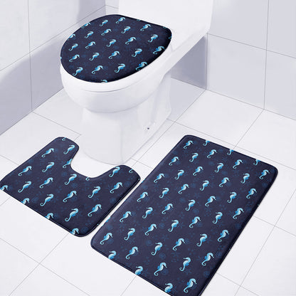 Blue Seahorse Pattern Print 3 Piece Bath Mat Set