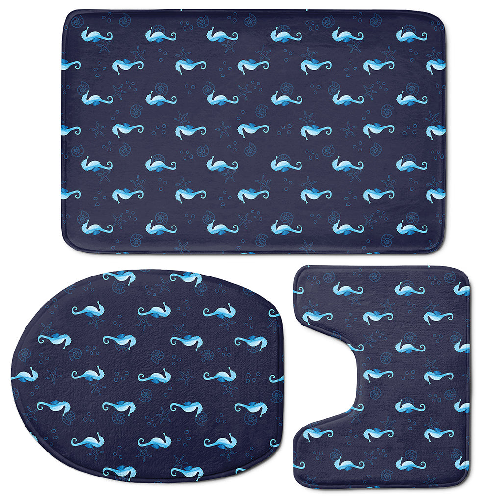 Blue Seahorse Pattern Print 3 Piece Bath Mat Set