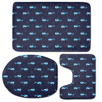 Blue Seahorse Pattern Print 3 Piece Bath Mat Set
