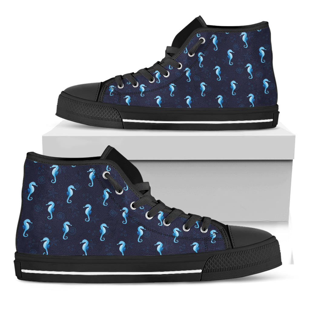 Blue Seahorse Pattern Print Black High Top Shoes