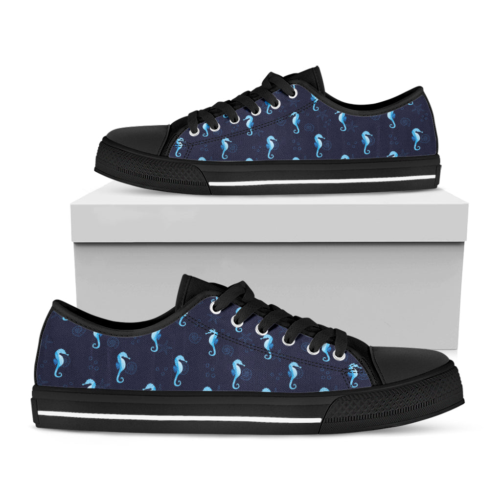 Blue Seahorse Pattern Print Black Low Top Shoes
