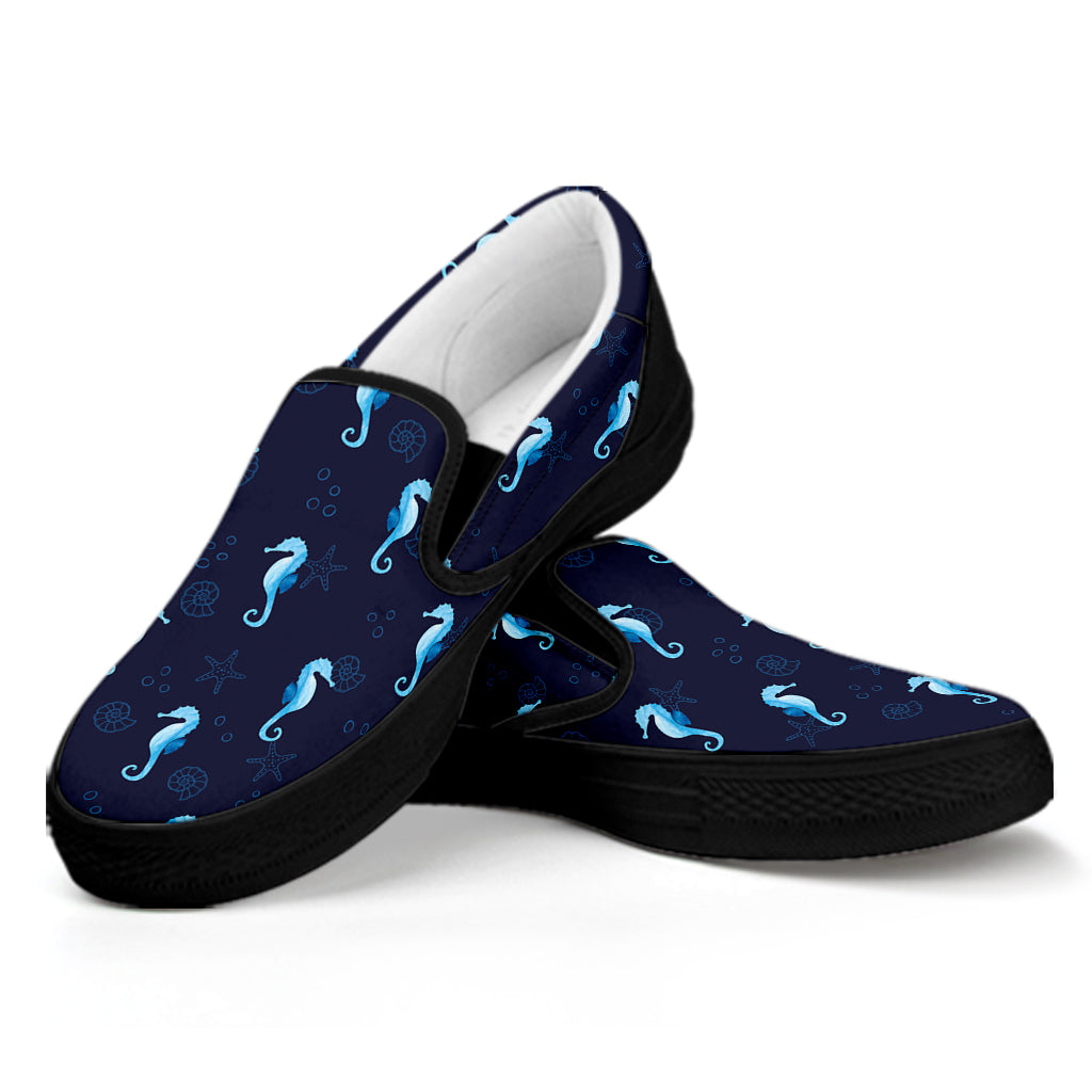 Blue Seahorse Pattern Print Black Slip On Shoes