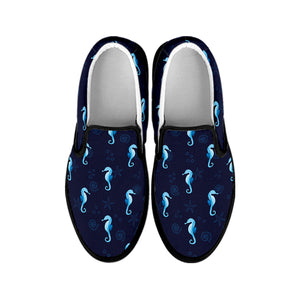 Blue Seahorse Pattern Print Black Slip On Shoes