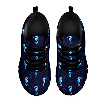 Blue Seahorse Pattern Print Black Sneakers