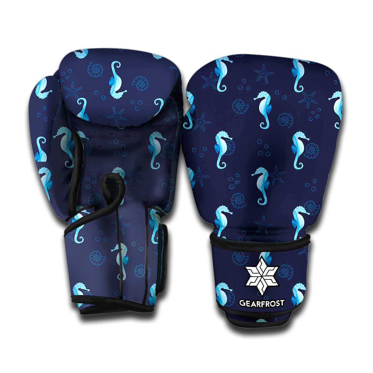 Blue Seahorse Pattern Print Boxing Gloves
