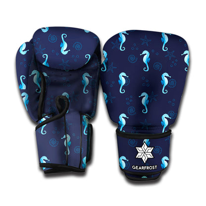Blue Seahorse Pattern Print Boxing Gloves