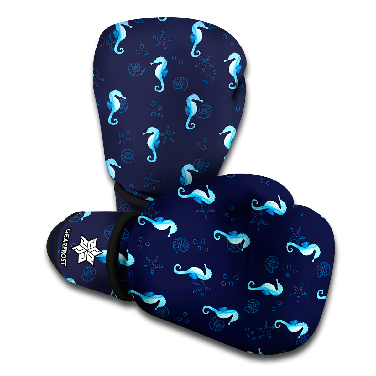 Blue Seahorse Pattern Print Boxing Gloves