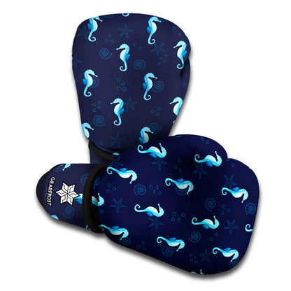 Blue Seahorse Pattern Print Boxing Gloves