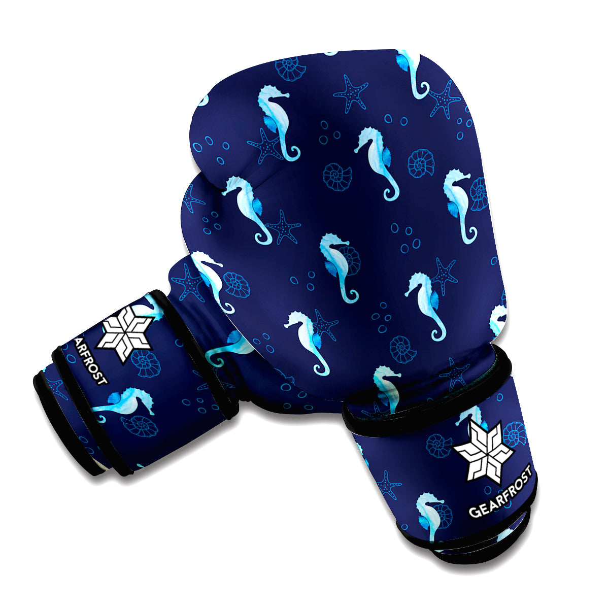 Blue Seahorse Pattern Print Boxing Gloves