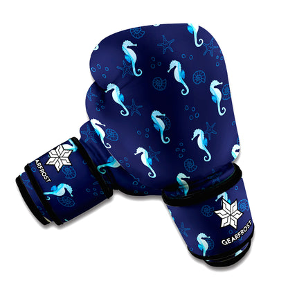 Blue Seahorse Pattern Print Boxing Gloves