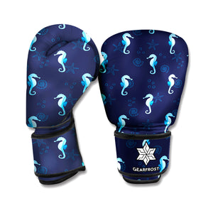 Blue Seahorse Pattern Print Boxing Gloves