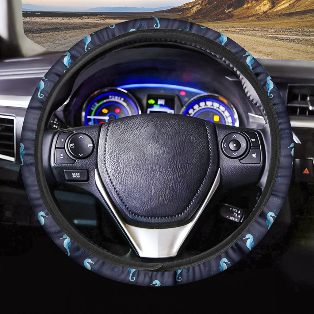 Blue Seahorse Pattern Print Car Steering Wheel Cover