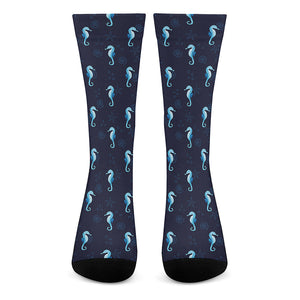 Blue Seahorse Pattern Print Crew Socks