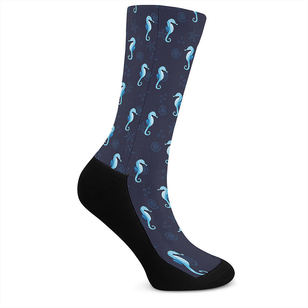 Blue Seahorse Pattern Print Crew Socks