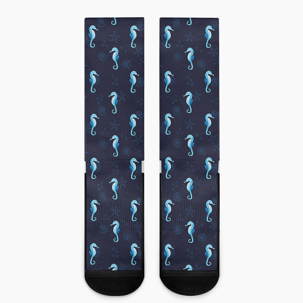 Blue Seahorse Pattern Print Crew Socks