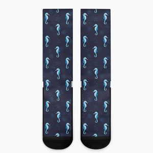 Blue Seahorse Pattern Print Crew Socks