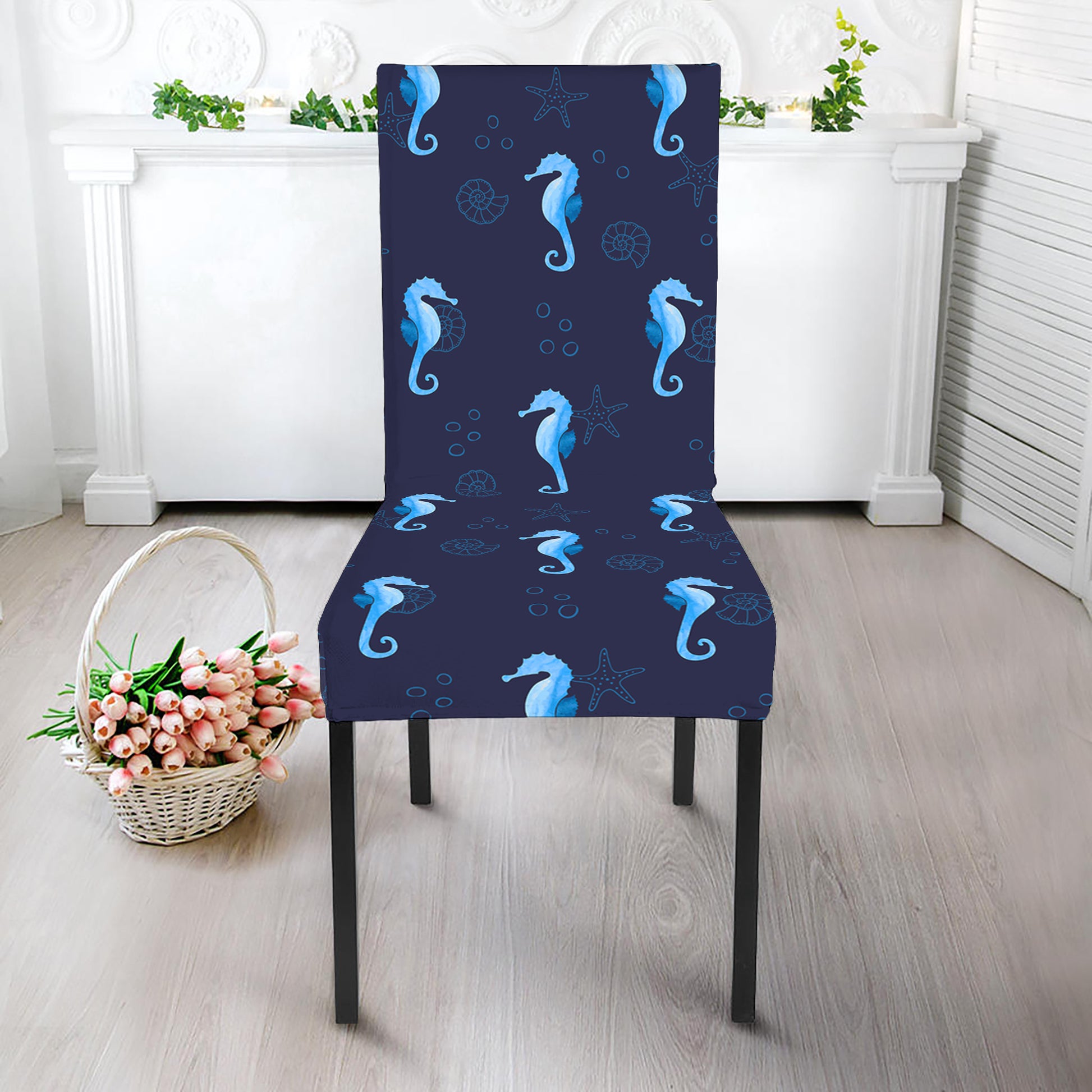 Blue Seahorse Pattern Print Dining Chair Slipcover