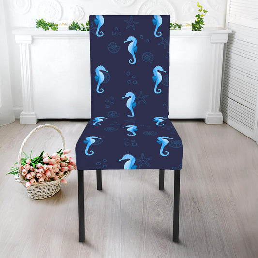 Blue Seahorse Pattern Print Dining Chair Slipcover