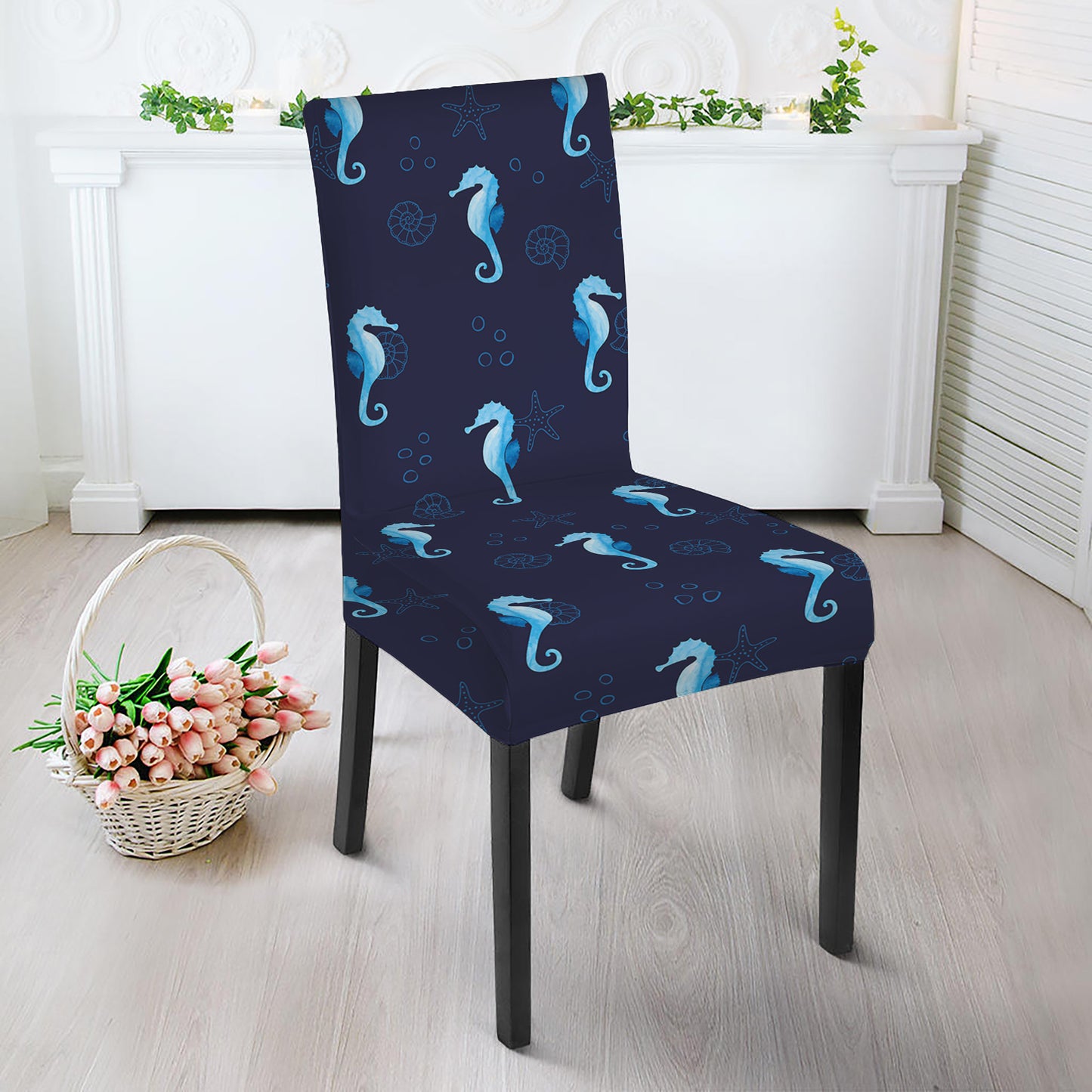 Blue Seahorse Pattern Print Dining Chair Slipcover