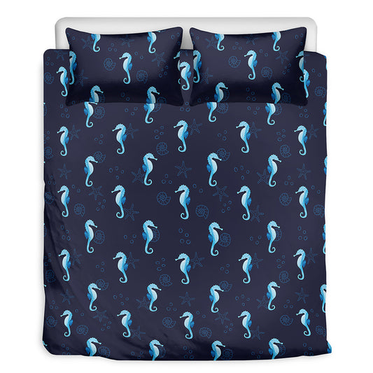 Blue Seahorse Pattern Print Duvet Cover Bedding Set